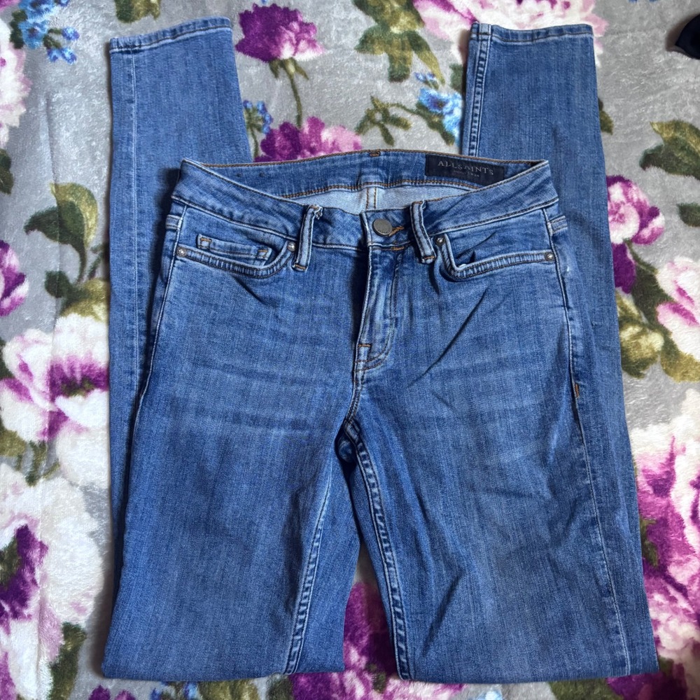 AllSaints Women Blue Skinny Jeans Size 24 Medium Wash Distressed Denim